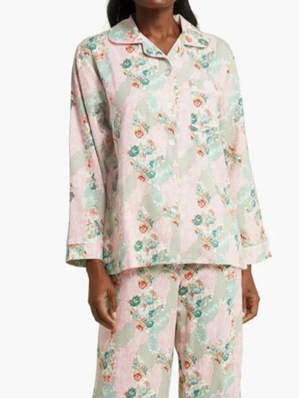 Papinelle Top, Size M, Pink Green, Seashell Buttons, Long Sleeves